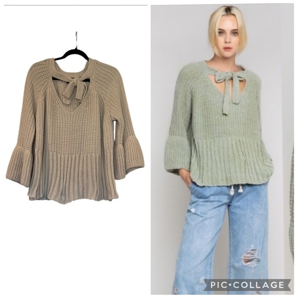 POL Chenille Beige Tie Neck Bell Sleeve Oversized Sweater Size Large - Picture 8 of 10